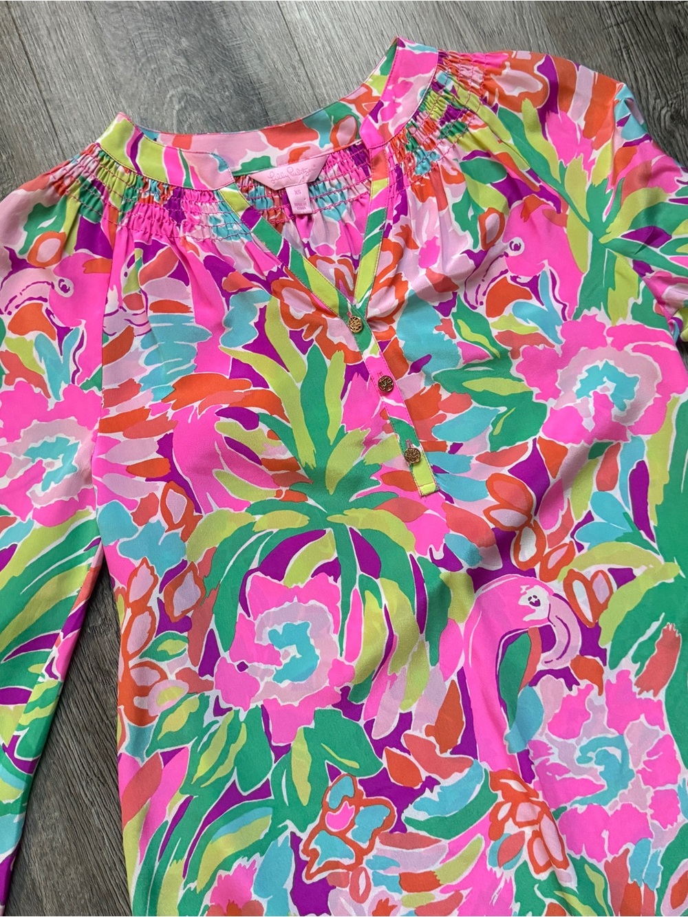 Lilly Pulitzer Women’s Multicolor Floral Flamingo V-Neck Silk Tunic XS -0198